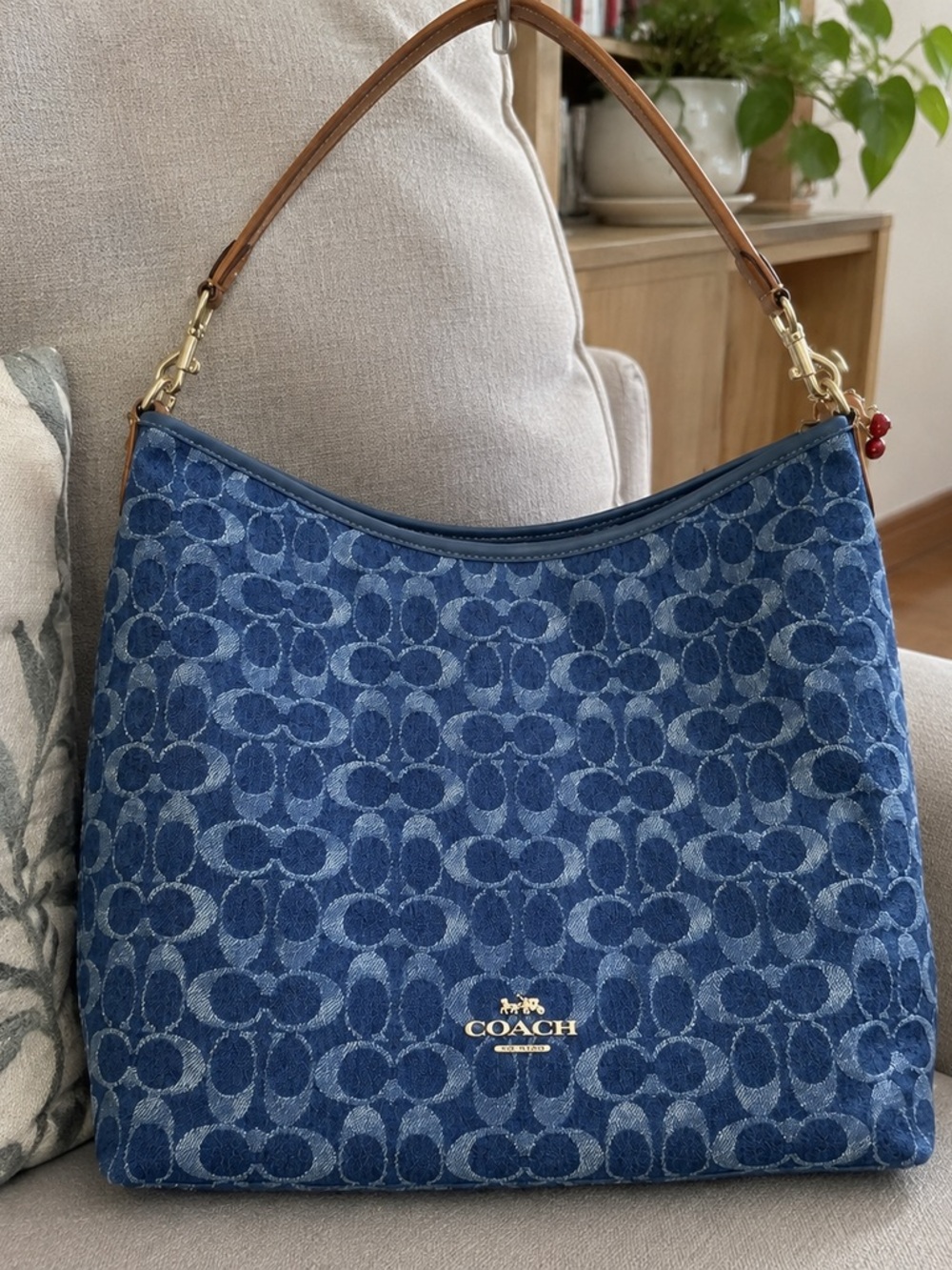 Coach Denim Signature Shoulder Bag with Brown Leather Strap